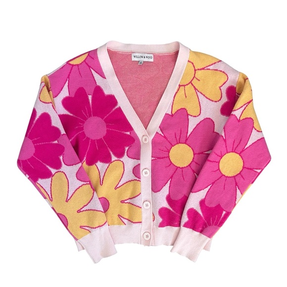 Willow & Wind Sweaters - Willow & Wind Floral Pink & Yellow Retro Button Cardigan
